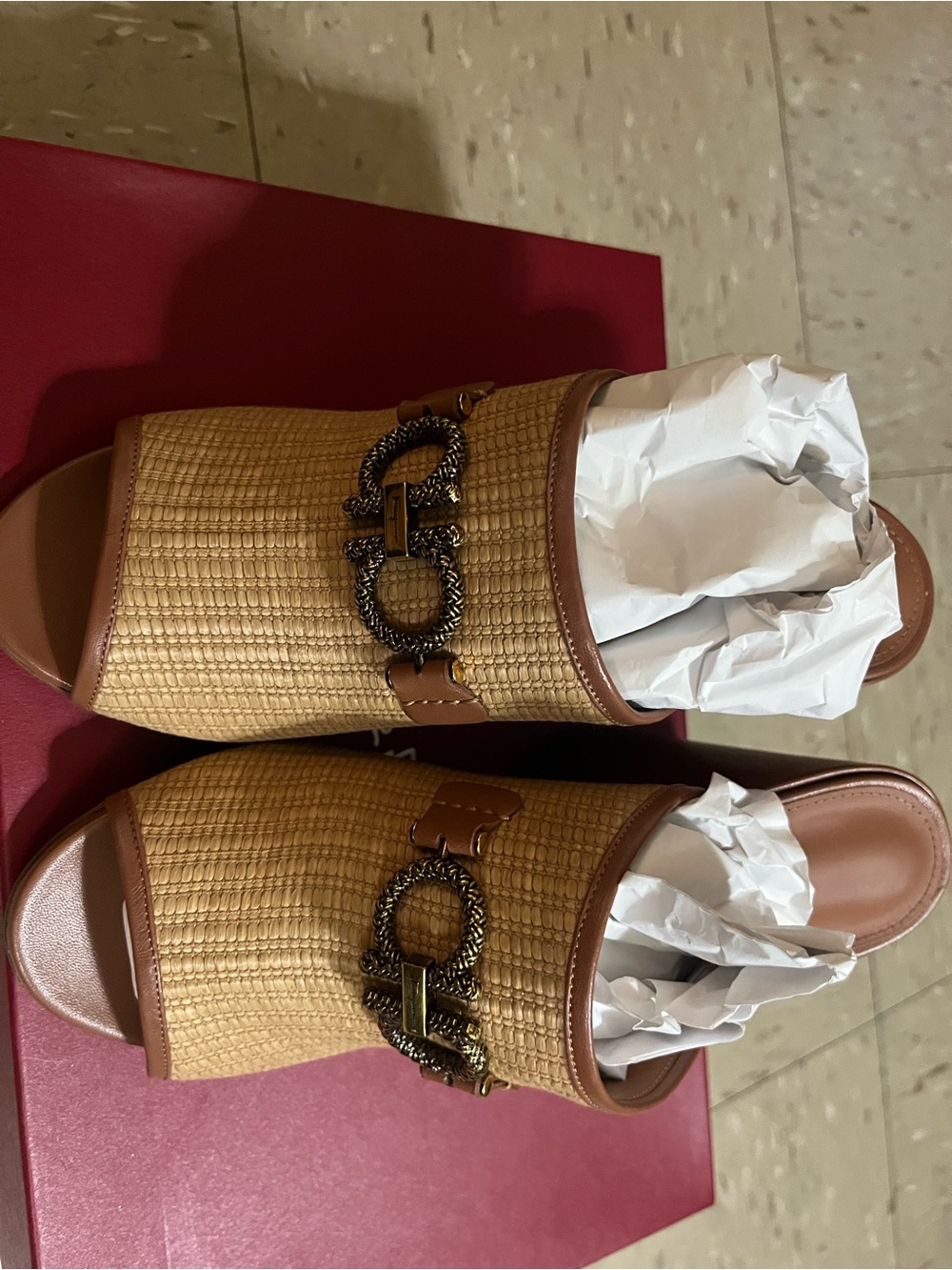 Ferragamo Woven Straw Slide Sandals in Tan with Decorative Chain - Picture 2 of 11
